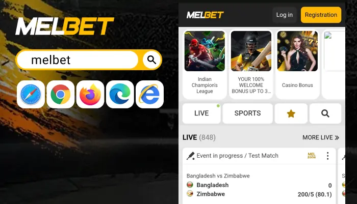 Rendez-vous sur le site web de Melbet à l'aide de votre navigateur préféré, étape 1